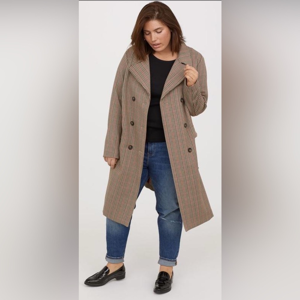 H&M Double-Breasted Checked Trench Coat in Brown and Red - Picture 2 of 12